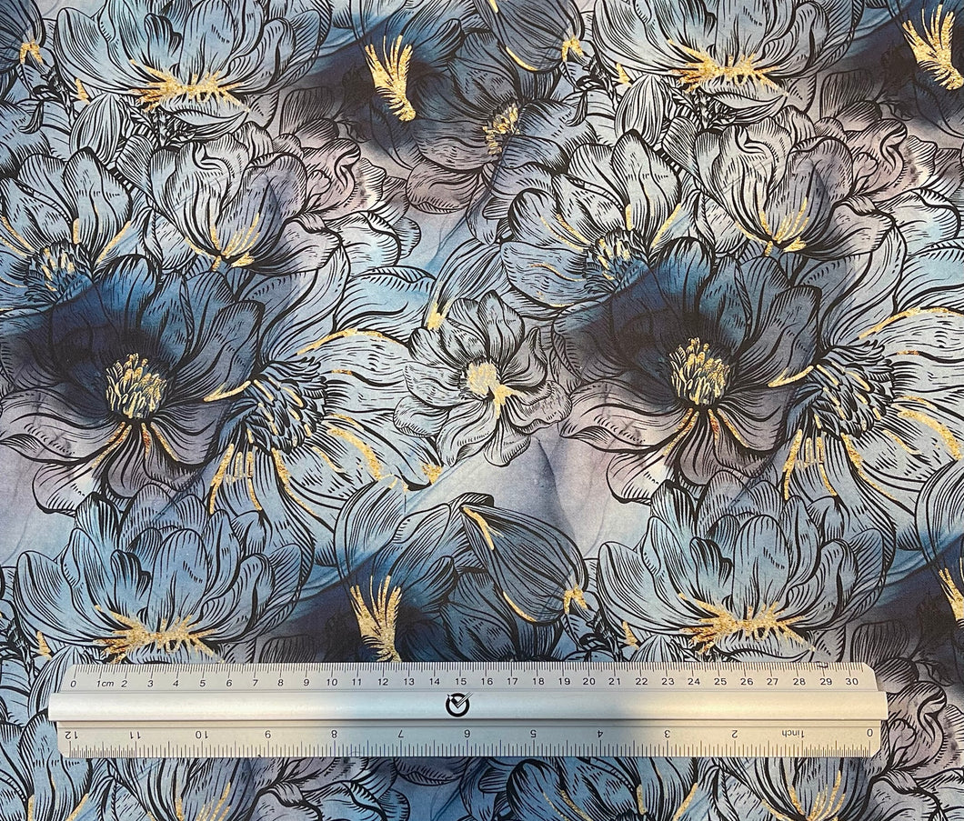 Black Blue Gold Floral Custom Print 100% Cotton