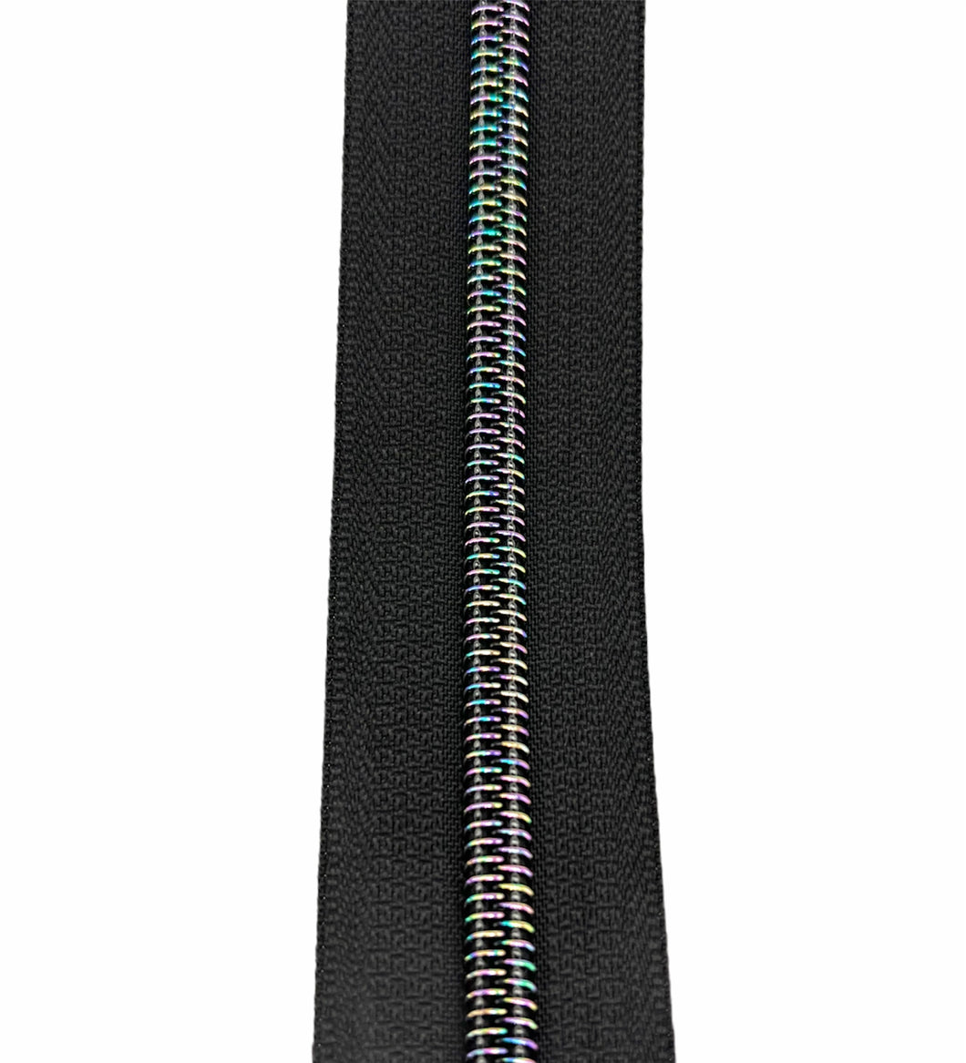 #5 Nylon Zipper Tape - black rainbow glimmer - by the yard