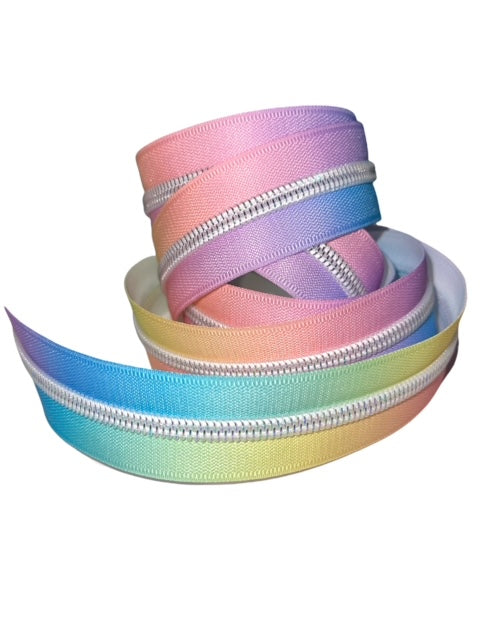#5 Nylon Zipper Tape - Pastel Rainbow Glimmer- by the yard